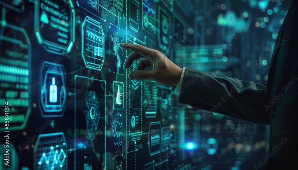 businessman touch virtual screen with icons of data science businessman touch virtual screen with icons of data science