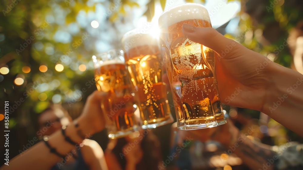 Group of friends clinking beer glasses in a toast, lively outdoor beer garden setting, sunlight filtering through trees Group of friends clinking beer glasses in a toast, lively outdoor beer garden setting, sunlight filtering through trees