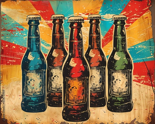 Vintage beer advertisement style, vibrant colors, nostalgic look with classic beer bottles and glasses