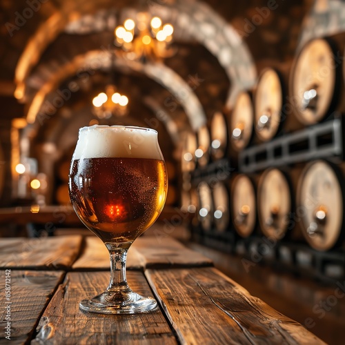 Barrel-aged beer in a glass, rustic cellar with barrels and aged wood, warm and inviting tones photo