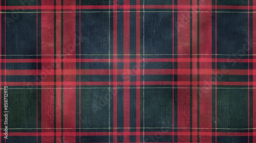 A tartan plaid pattern with intersecting bands of deep red, forest green, and navy blue, inspired by Scottish heritage.