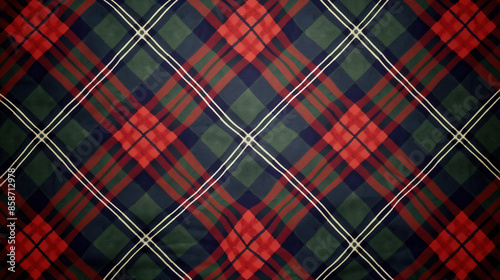 A tartan plaid pattern with intersecting bands of deep red, forest green, and navy blue, inspired by Scottish heritage.