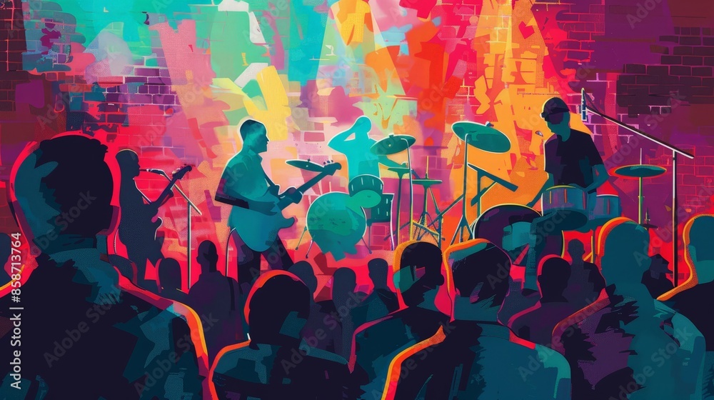 Create a dynamic scene of a jazz fusion band performing in a trendy, industrial-style venue. Show the eclectic mix of instruments and the energetic, modern crowd. Create a dynamic scene of a jazz fusion band performing in a trendy, industrial-style venue. Show the eclectic mix of instruments and the energetic, modern crowd.