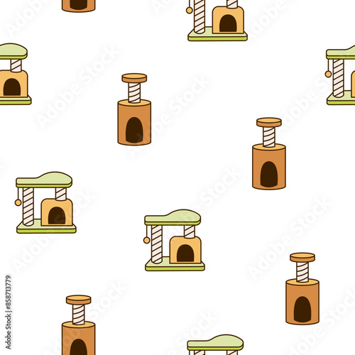 Scratching post for home cats. Seamless pattern. Kitty houses and furniture. Veterinary shop merchandise. Hand drawn style. Vector drawing. Design ornaments.