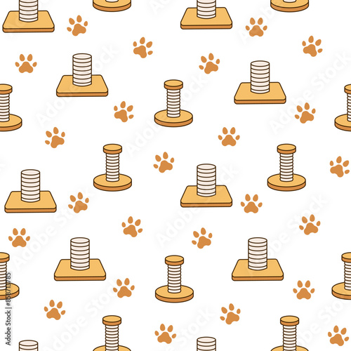 Scratching post for home cats. Seamless pattern. Kitty houses and furniture. Veterinary shop merchandise. Hand drawn style. Vector drawing. Design ornaments.