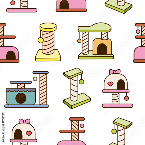 Scratching post for home cats. Seamless pattern. Kitty houses and furniture. Veterinary shop merchandise. Hand drawn style. Vector drawing. Design ornaments.