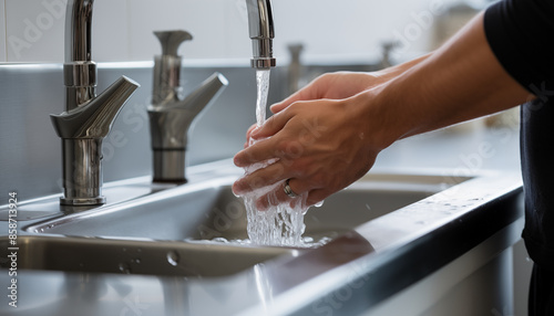 Washing hands with soap and water to prevent the spread of germs and bacteria photo