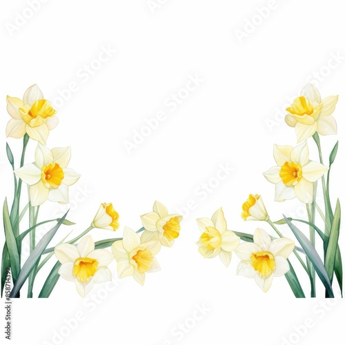 Daffodil border clipart with daffodils along the top and bottom of a design. watercolor illustration, Perfect for nursery art, simple clipart, single object, white color background.