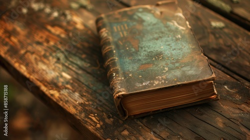 An old book placed on a wooden surface