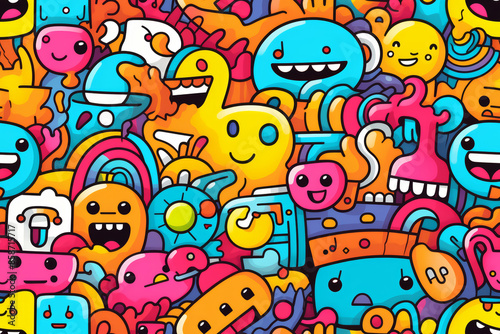 seamless cute doodles pattern art with primary colors, ready for full-print pattern design