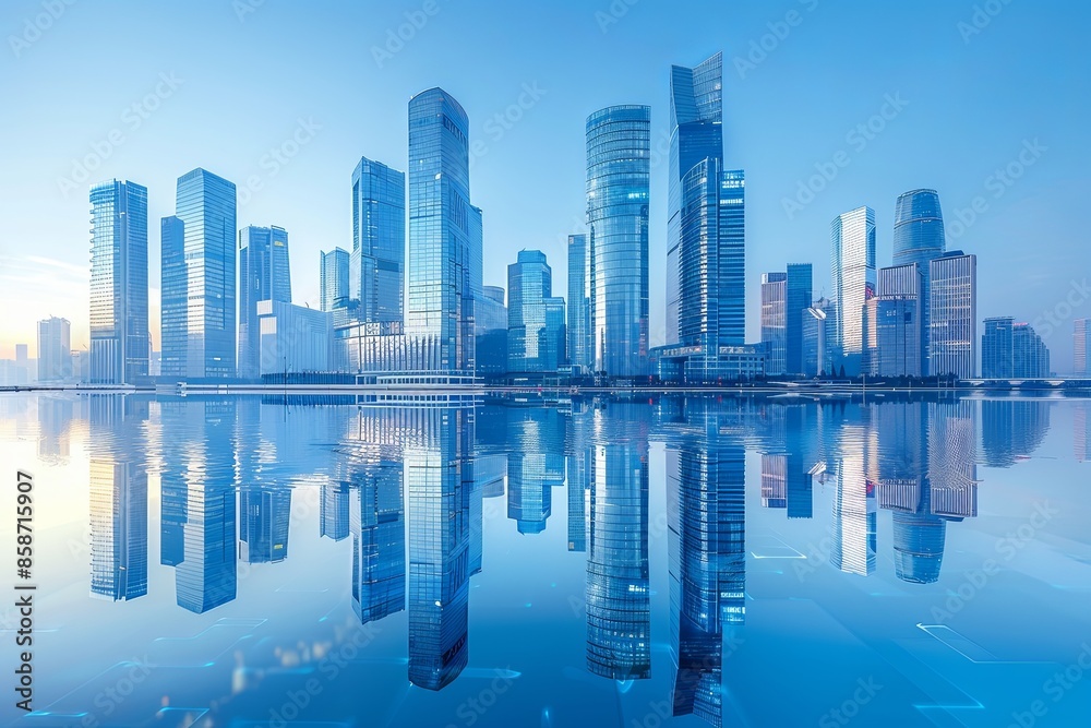 Fototapeta premium Modern city skyline with skyscrappers and reflection created with Generative AI