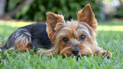 Yorkie resting on grass after haircut