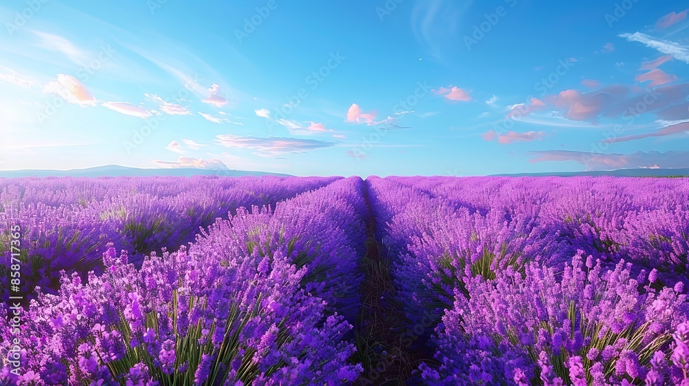Fototapeta premium Lavender Fields at Sunset with Clear Blue Sky and Fluffy Clouds