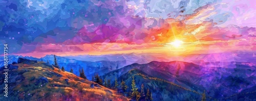 A vibrant sunset over a mountain range with colorful clouds.