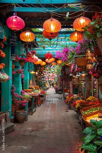 Vibrant Lantern-lit Flower Market Alley with Colorful Blossoms