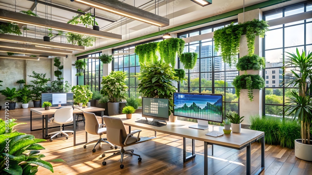 A Lush, Green Office Space With Large Windows And Plenty Of Plants. A Lush, Green Office Space With Large Windows And Plenty Of Plants.