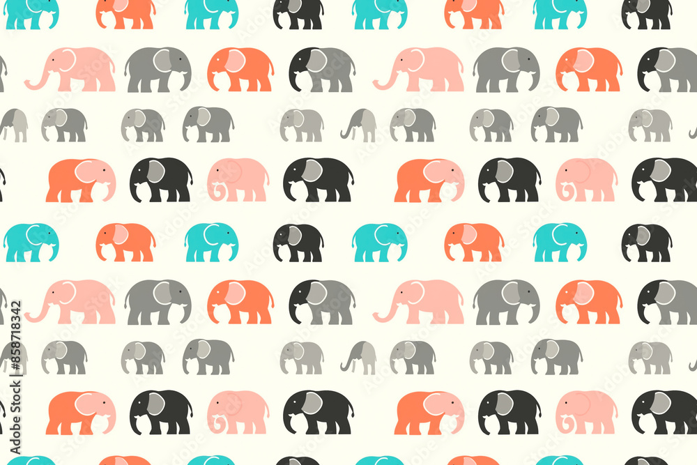 A playful seamless pattern with colorful elephants arranged in a repetitive design. Ideal for fun and lively decorations. A playful seamless pattern with colorful elephants arranged in a repetitive design. Ideal for fun and lively decorations.