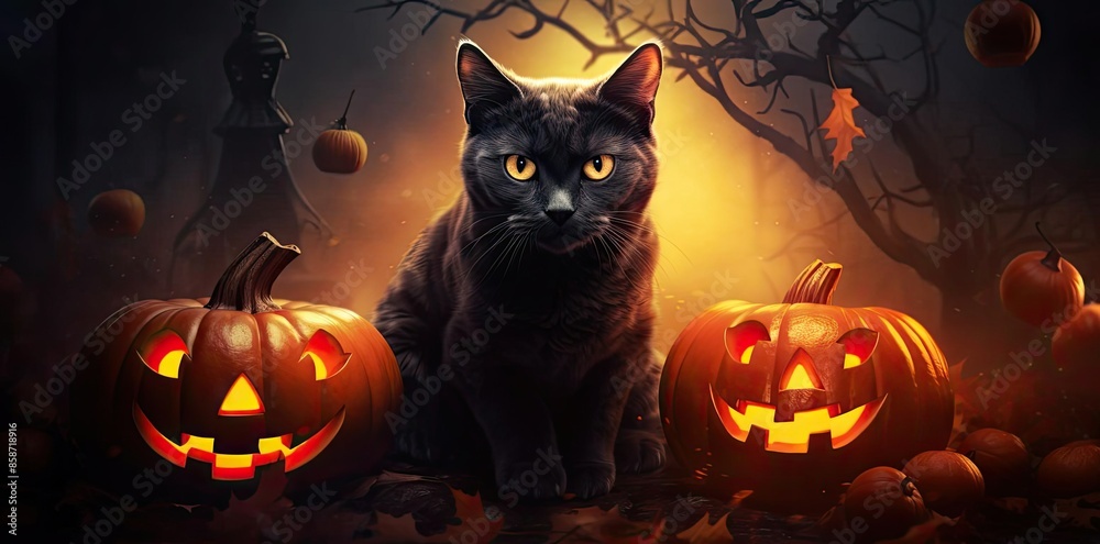 cat halloween background with pumpkins on the ground cat halloween background with pumpkins on the ground