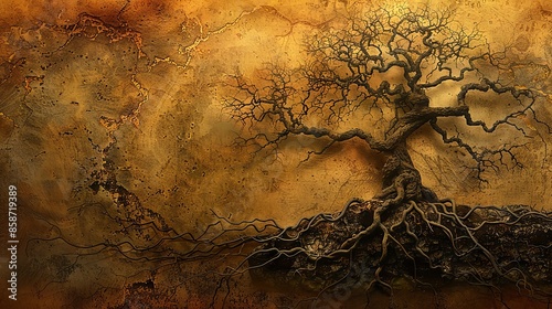 Ancient Tree with Roots Spreading on Earthy Background in Sepia Tones photo