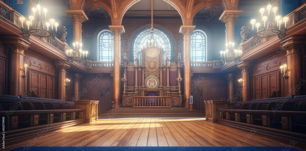 Obraz premium court background with wooden floor and arched window, featuring a brown wooden door