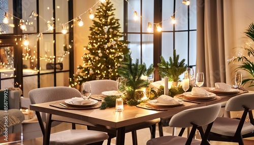 merry christmas interior decoration and design dining room night atmosphere. interior design with light. 
