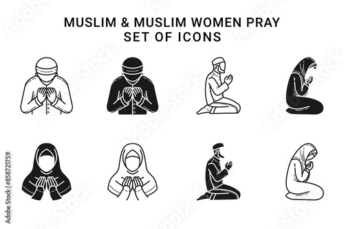 set of muslim and muslim women praying line art and glyphs vector logo icon isolated on white background