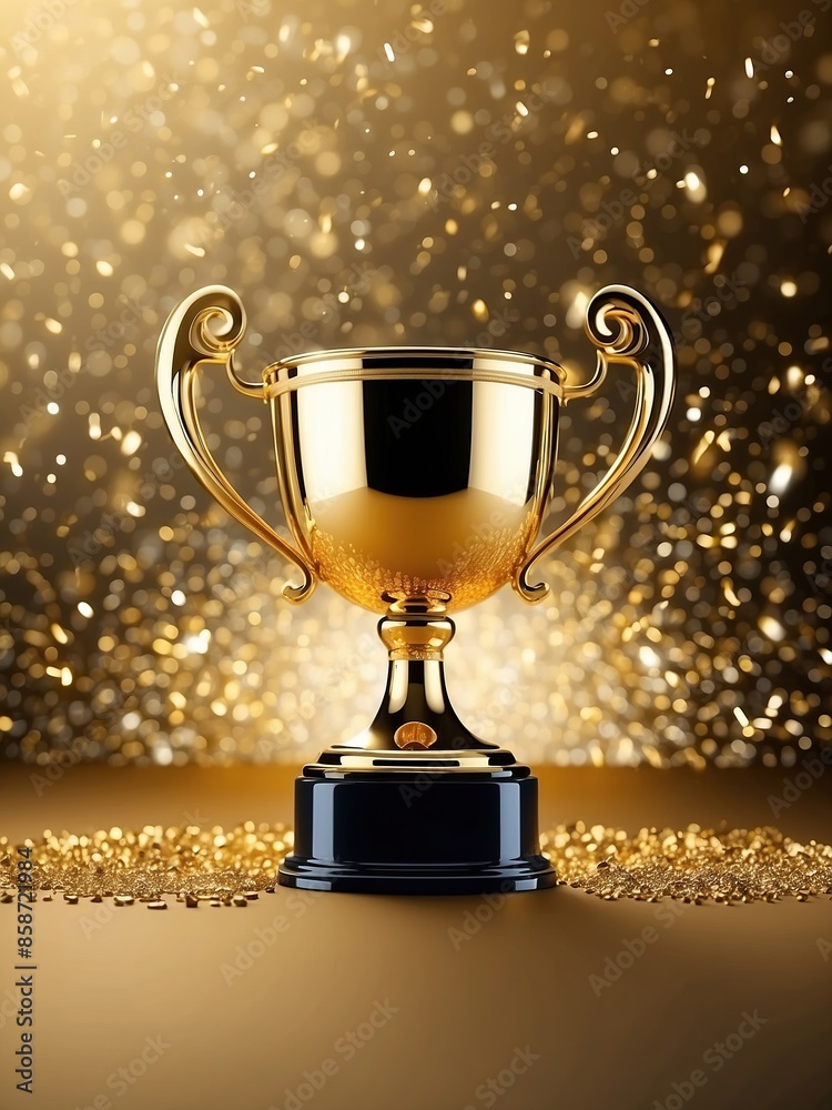Sparkles gold background with a winners cup. Champion golden trophy on gold background. Concept of success and achievement. Sparkles gold background with a winners cup. Champion golden trophy on gold background. Concept of success and achievement.
