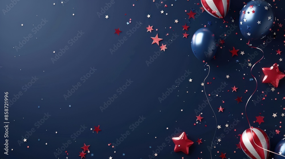 Happy Presidents Day banner with American flags, confetti stars , ballon, on dark blue background with free space in right side ,Independence Day Happy Presidents Day banner with American flags, confetti stars , ballon, on dark blue background with free space in right side ,Independence Day