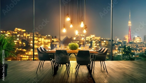 dining room night atmosphere interior design with light on industrial concept. industri. dining restourant idea. dining hotel design. romantic dining decoration. photo