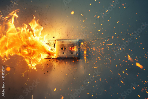 The electrical plug or wall socket short-circuits, causing a fire, causing flames, smoke and sparks.