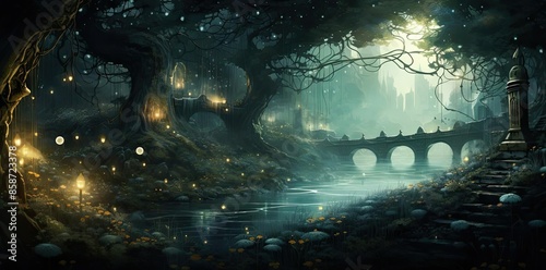mystery background of a serene forest scene featuring a large tree and a bridge over a tranquil body of water