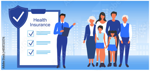 Insurance agent present insurance policy for family to protect from life and health accident. Health and life insurance policy, healthcare concept