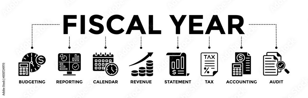 Fiscal year banner icons set. Vector graphic glyph style with icon of budgeting, reporting, calendar, revenue, statement, tax, accounting, and audit Fiscal year banner icons set. Vector graphic glyph style with icon of budgeting, reporting, calendar, revenue, statement, tax, accounting, and audit