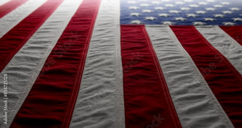 Panning across a brightly lit, red white and blue, US American flag. Background for Memorial Day, Veteran's Day, 4th of July, or other patriotic USA holiday.
