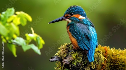 Male common kingfisher in spring habitat perched and looking back with dazzling blue feathers © TheWaterMeloonProjec