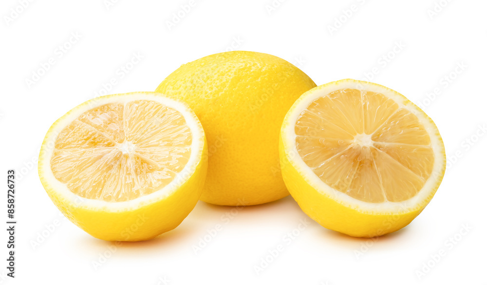 Front view of yellow lemon fruit with halves isolated on white background with clipping path Front view of yellow lemon fruit with halves isolated on white background with clipping path