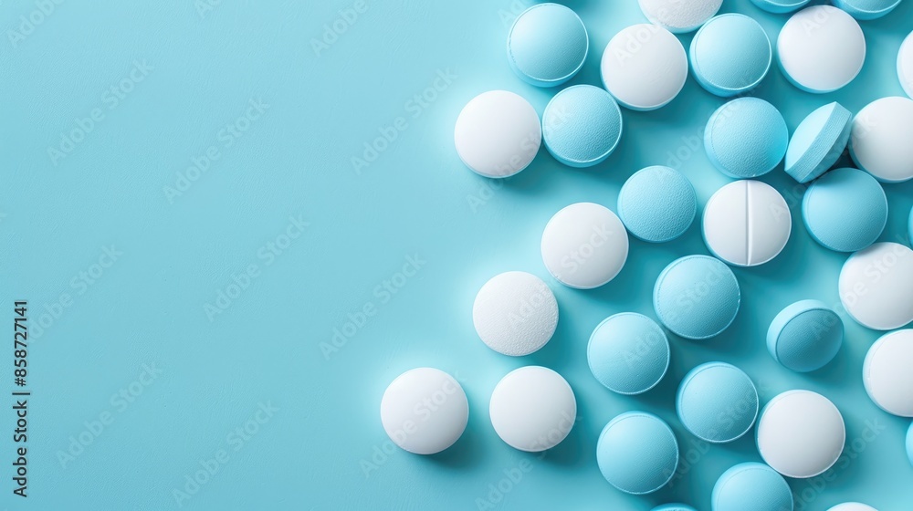 Blue and white pills on a simple backdrop with space for text or design top down view Blue and white pills on a simple backdrop with space for text or design top down view