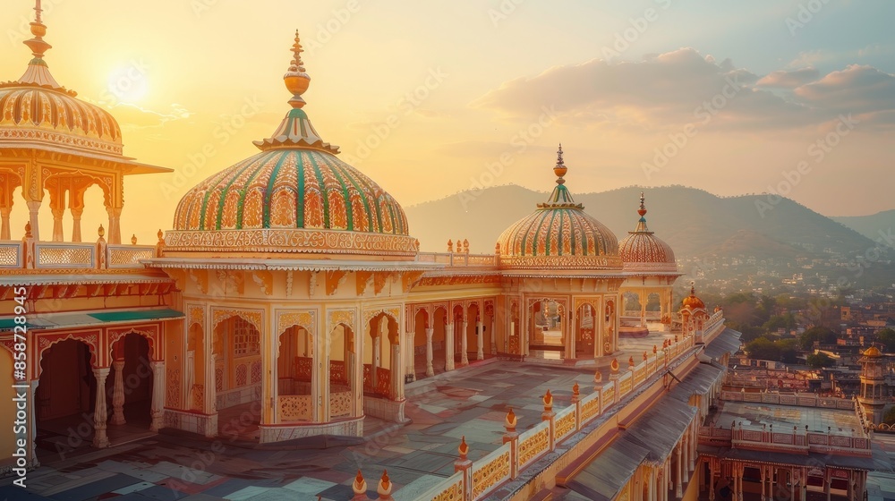 Obraz premium Beautiful palace with intricate designs and a golden dome, sun rising in the background, raw style, detailed and vibrant