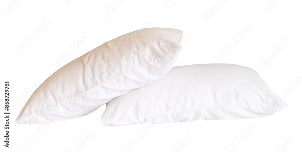 Side view of two white pillows with cases in stack isolated on white background with clipping path