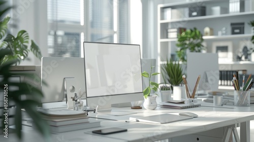 Wallpaper Mural Minimalist Office Workspace with Desktop Computer, Notebooks, and Morning Sunlight Streaming In Torontodigital.ca