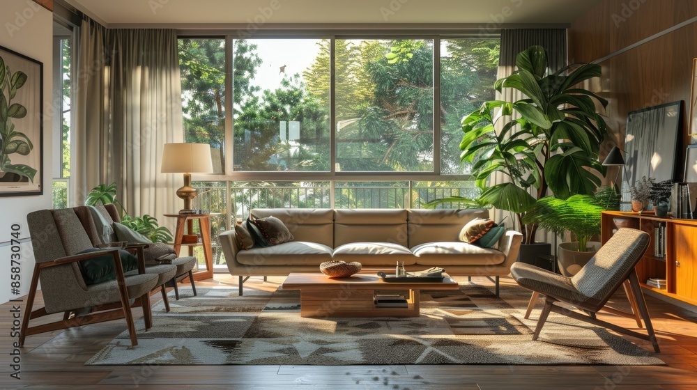 Fototapeta premium Stylish Mid-Century Modern Living Room with Tufted Sofa and Angular Armchairs in Neutral Tones
