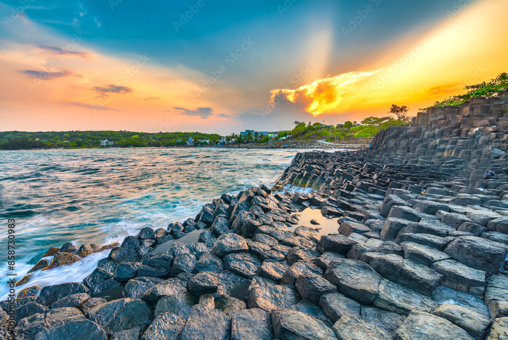 Sunset over basalt columns Giant's Causeway known as UNESCO World Heritage Site, Phu Yen, Vietnam