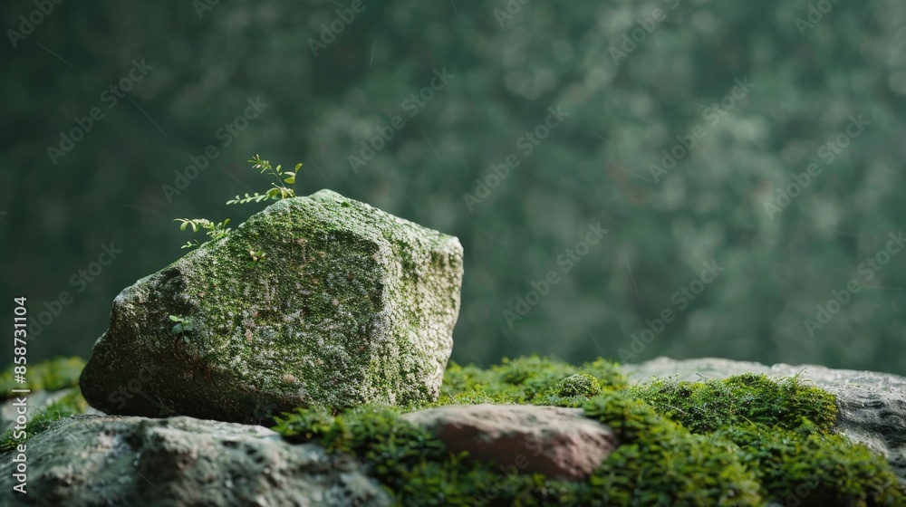 Stone with moss on green background ad space moss hill model forest conservation Stone with moss on green background ad space moss hill model forest conservation