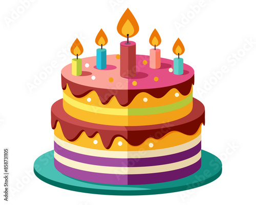 A detailed vector graphic of a birthday cake with candles and frosting. Generative AI. 