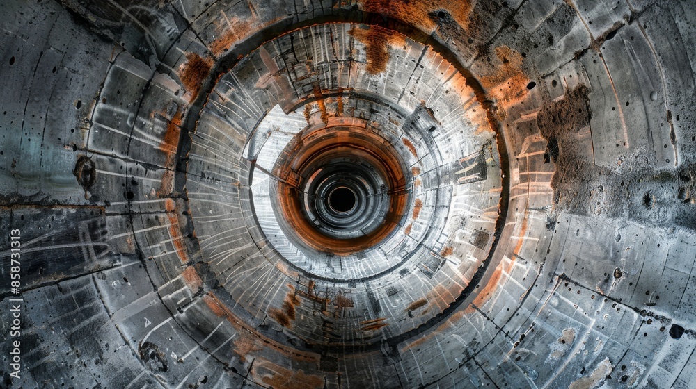 Close-up view inside a cooling tower flue, detailed textures of internal structures, raw industrial style, vivid and immersive Close-up view inside a cooling tower flue, detailed textures of internal structures, raw industrial style, vivid and immersive