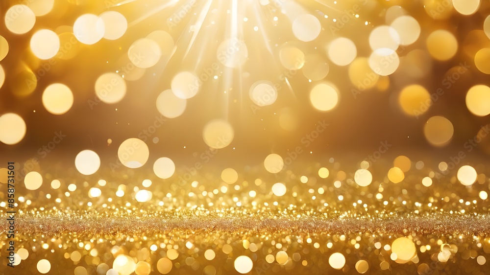 Abstract golden background with bokeh effect and shining defocused glitters. Festive gold texture for Christmas, New Year, birthday, celebration, greeting, victory, success, magic party. Abstract golden background with bokeh effect and shining defocused glitters. Festive gold texture for Christmas, New Year, birthday, celebration, greeting, victory, success, magic party.