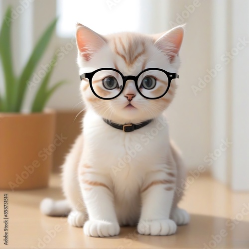 ada seekor kucing putih berkacamata dan berdasi kupu-kupu, 
White cat with glasses and bow tie, perfect for quirky designs, cat lovers merchandise, humorous illustrations, petthemed projects, and gree photo