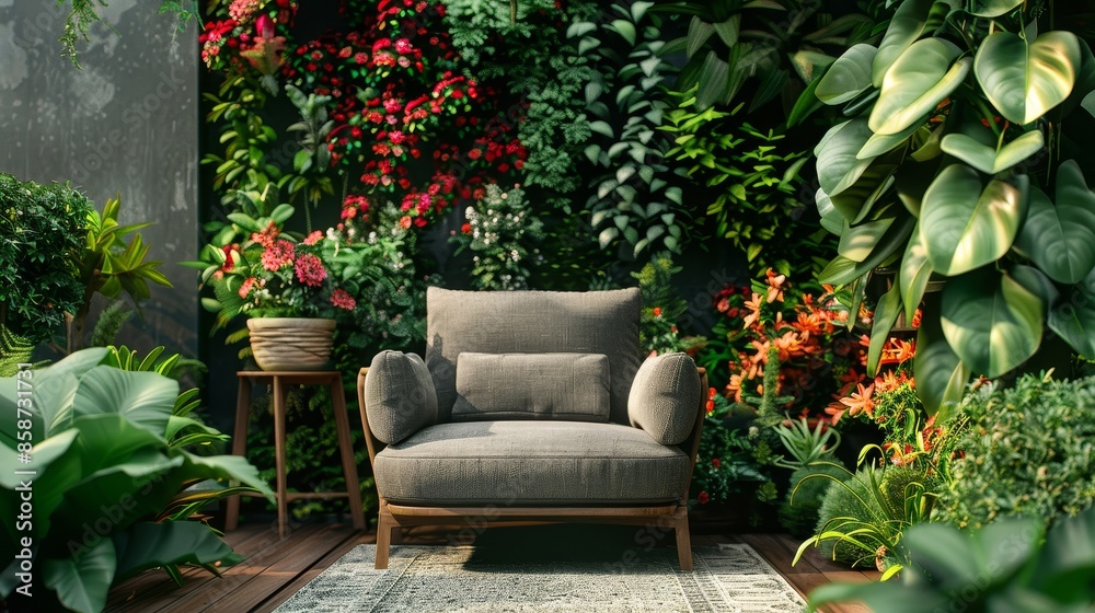 Cozy terrace with an outdoor garden chair, stylish patio design, surrounded by vibrant greenery, raw style, detailed and relaxing Cozy terrace with an outdoor garden chair, stylish patio design, surrounded by vibrant greenery, raw style, detailed and relaxing
