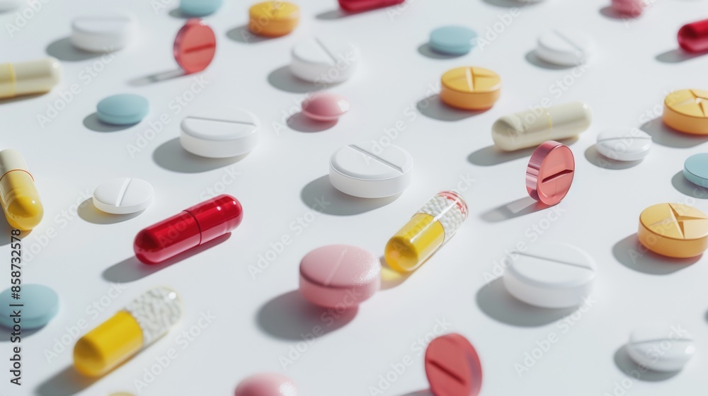 Clinical Precision: Array of Pills and Capsules on White Table with Organized Rows under Bright Lighting Clinical Precision: Array of Pills and Capsules on White Table with Organized Rows under Bright Lighting