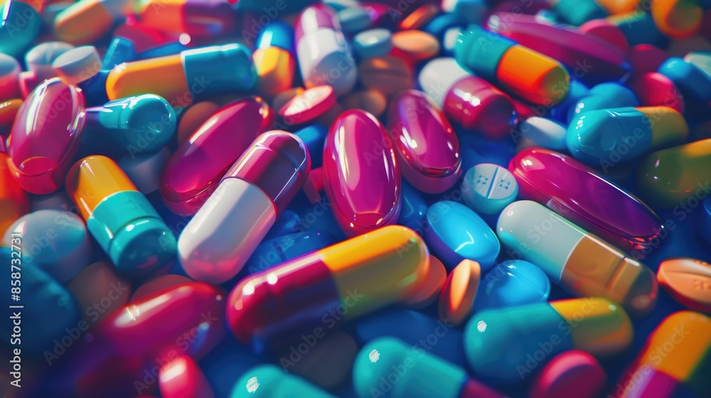 High Cost of Healthcare - Close-Up of Colorful Prescription Medicine Capsules and Pills, Conceptual Image of Medication Pricing Issue High Cost of Healthcare - Close-Up of Colorful Prescription Medicine Capsules and Pills, Conceptual Image of Medication Pricing Issue